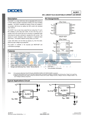 AL5811 datasheet - 60V, LINEAR 75mA ADJUSTABLE CURRENT LED DRIVER