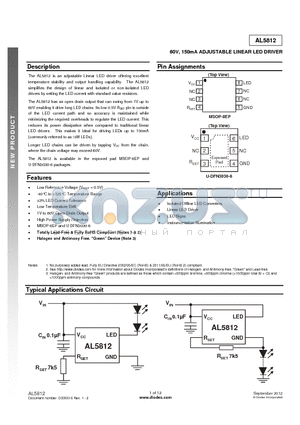 AL5812MP-13 datasheet - 60V, 150mA ADJUSTABLE LINEAR LED DRIVER