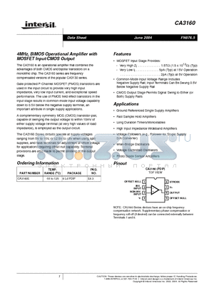 CA3160 datasheet - 4MHz, BiMOS Operational Amplifier with MOSFET Input/CMOS Output