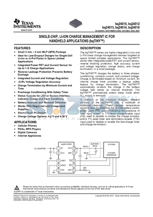 BQ24014DRCR datasheet - SINGLE-CHIP, LI-ION CHARGE MANAGEMENT IC FOR HANDHELD APPLICATIONS (bqTINY)