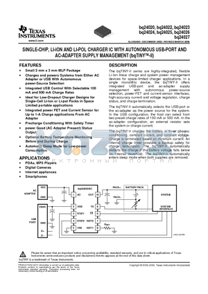 BQ24022DRCR datasheet - SINGLE-CHIP,LI-ION AND LI-POL CHARGER IC WITH AUTONOMOUS USB-PORT AND AC-ADAPTER SUPPLY MANAGEMENT
