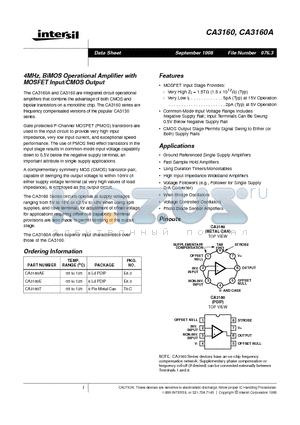 CA3160E datasheet - 4MHz, BiMOS Operational Amplifier with MOSFET Input/CMOS Output