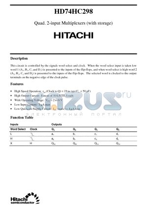 74HC298 datasheet - Quad. 2-input Multiplexers (with storage)