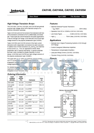 CA3183E datasheet - High-Voltage Transistor Arrays