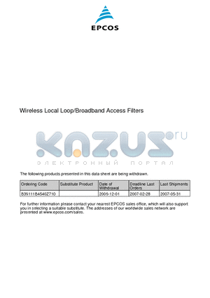 B4540 datasheet - SAW Components Bandpass Filter for Mobile Communication 112,32 MHz