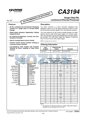 CA3194E datasheet - Single Chip PAL Luminance/Chroma Processor