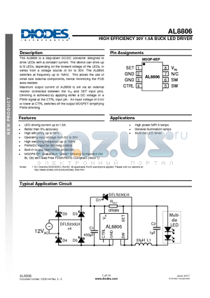 AL8806MP8-13 datasheet - HIGH EFFICIENCY 30V 1.5A BUCK LED DRIVER