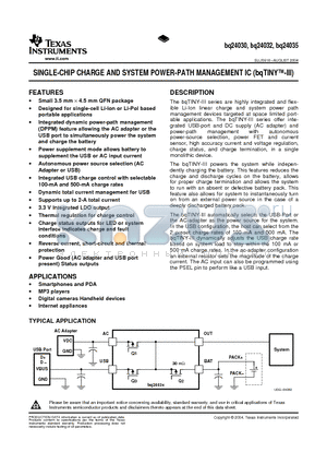 BQ24032RHLR datasheet - SINGLE-CHIP CHARGE AND SYSTEM POWER-PATH MANAGEMENT IC (bqTINYI)