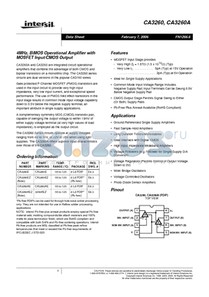 CA3260AEZ datasheet - 4MHz, BiMOS Operational Amplifier with MOSFET Input/CMOS Output