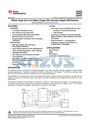 BQ24052DSQR datasheet - 800mA Single Cell Li-Ion Battery Charger With Automatic Adaptor/USB Detection