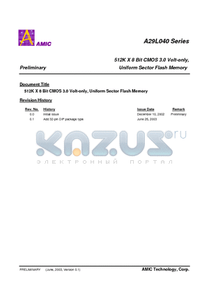 A29L040 datasheet - 512K X 8 Bit CMOS 3.0 Volt-only, Uniform Sector Flash Memory