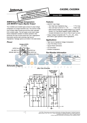 CA3290AE datasheet - BiMOS Dual Voltage Comparators with MOSFET Input, Bipolar Output