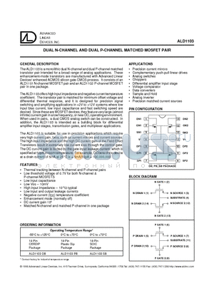 ALD1103 datasheet - DUAL N-CHANNEL AND DUAL P-CHANNEL MATCHED MOSFET PAIR