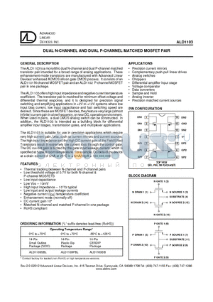 ALD1103SBL datasheet - DUAL N-CHANNEL AND DUAL P-CHANNEL MATCHED MOSFET PAIR