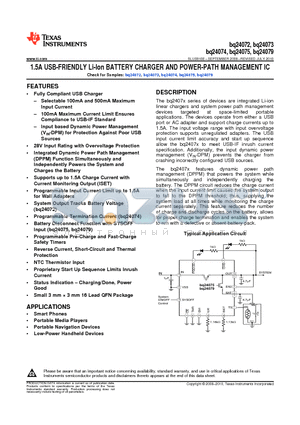 BQ24073RGTTG4 datasheet - 1.5A USB-FRIENDLY Li-Ion BATTERY CHARGER AND POWER-PATH MANAGEMENT IC