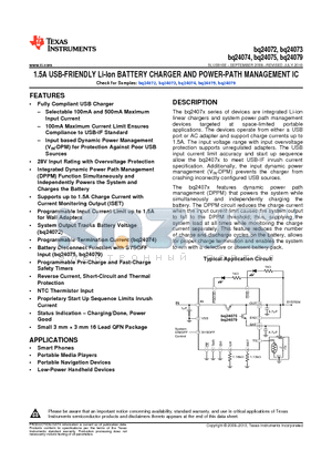 BQ24075 datasheet - 1.5A USB-FRIENDLY Li-Ion BATTERY CHARGER AND POWER-PATH MANAGEMENT IC