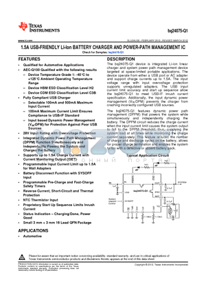 BQ24075-Q1 datasheet - 1.5A USB-FRIENDLY Li-Ion BATTERY CHARGER AND POWER-PATH MANAGEMENT IC