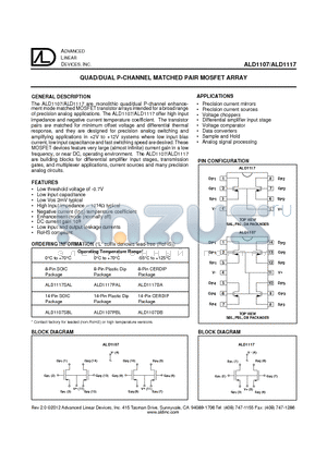 ALD1107SBL datasheet - QUAD/DUAL P-CHANNEL MATCHED PAIR MOSFET ARRAY