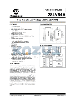 28LV64A-F-20/L datasheet - 64K (8K x 8) Low Voltage CMOS EEPROM