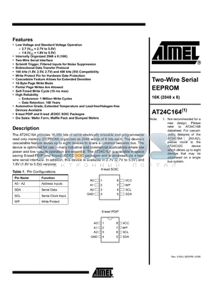 AT24C164-10SU-2.7 datasheet - Two-Wire Serial EEPROM 16K (2048 x 8)