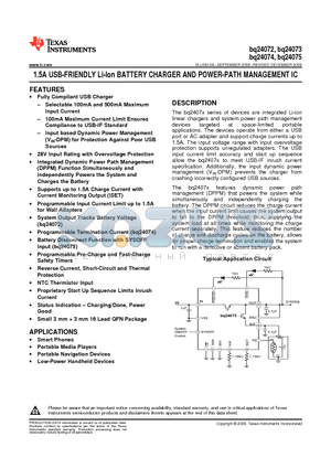 BQ24073RGTT datasheet - 1.2A USB-FRIENDLY Li-Ion BATTERY CHARGER AND POWER-PATH MANAGEMENT IC