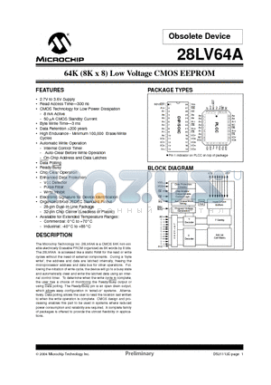 28LV64A-F-20I/P datasheet - 64K (8K x 8) Low Voltage CMOS EEPROM