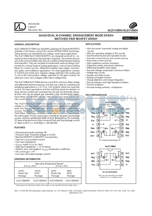 ALD110804PC datasheet - QUAD/DUAL N-CHANNEL ENHANCEMENT MODE EPAD MATCHED PAIR MOSFET ARRAY