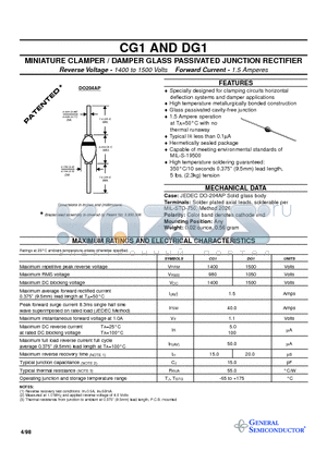 DG1 datasheet - MINIATURE CLAMPER / DAMPER GLASS PASSIVATED JUNCTION RECTIFIER