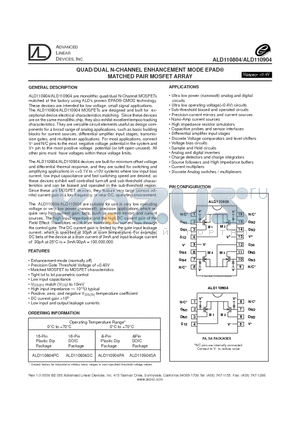 ALD110804SC datasheet - QUAD/DUAL N-CHANNEL ENHANCEMENT MODE EPAD MATCHED PAIR MOSFET ARRAY