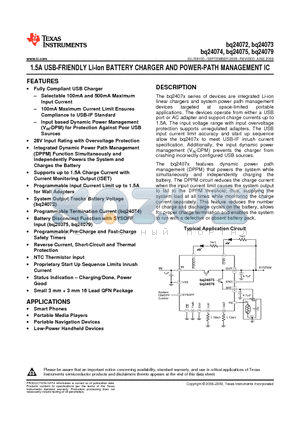 BQ24075RGTTG4 datasheet - 1.5A USB-FRIENDLY Li-Ion BATTERY CHARGER AND POWER-PATH MANAGEMENT IC