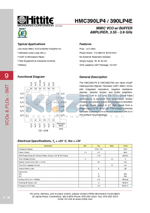 390LP4E datasheet - MMIC VCO w/ BUFFER AMPLIFIER, 3.55 - 3.9 GHz