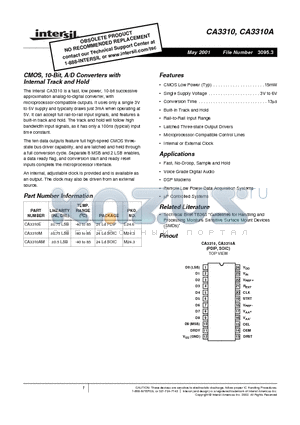 CA3310 datasheet - CMOS, 10-Bit, A/D Converters with Internal Track and Hold