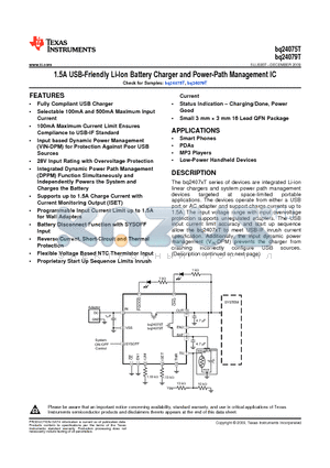 BQ24075T datasheet - 1.5A USB-Friendly Li-Ion Battery Charger and Power-Path Management IC