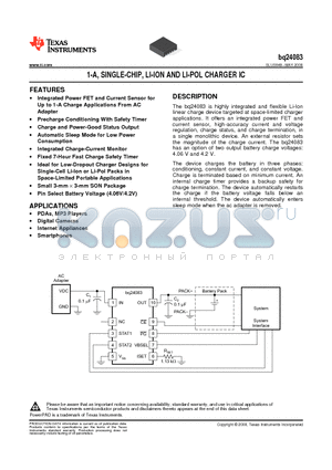 BQ24083DRCR datasheet - 1-A, SINGLE-CHIP, LI-ION AND LI-POL CHARGER IC