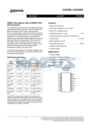CA3338AE datasheet - CMOS Video Speed, 8-Bit, 50 MSPS, R2R D/A Converters