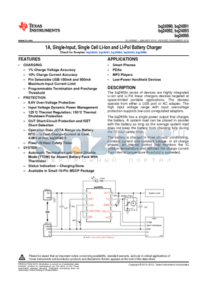 BQ24090 datasheet - 1A, Single-Input, Single Cell Li-Ion and Li-Pol Battery Charger