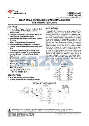 BQ24087 datasheet - 750 mA SINGLE-CHIP Li-Ion/Li-Pol CHARGE MANAGEMENT IC WITH THERMAL REGULATION