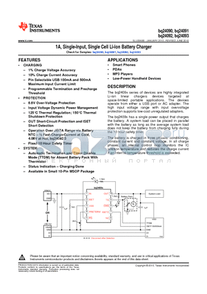 BQ24090_2 datasheet - 1A, Single-Input, Single Cell Li-Ion Battery Charger