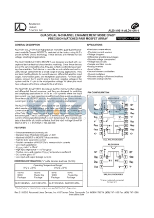 ALD110914PAL datasheet - QUAD/DUAL N-CHANNEL ENHANCEMENT MODE EPAD PRECISION MATCHED PAIR MOSFET ARRAY