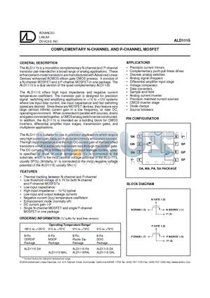 ALD1115MAL datasheet - COMPLEMENTARY N-CHANNEL AND P-CHANNEL MOSFET