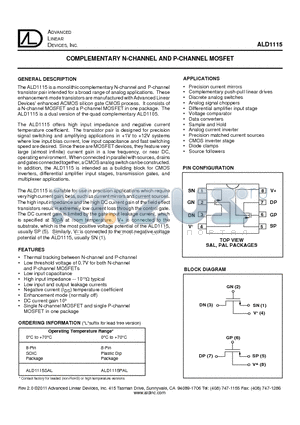 ALD1115SAL datasheet - COMPLEMENTARY N-CHANNEL AND P-CHANNEL MOSFET