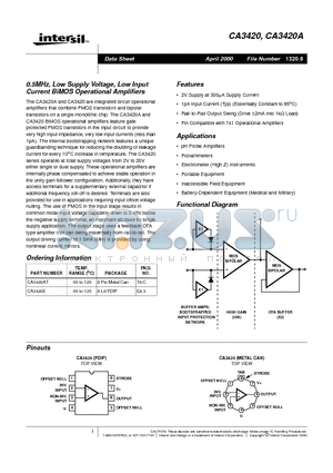 CA3420E datasheet - 0.5MHz, Low Supply Voltage, Low Input Current BiMOS Operational Amplifiers