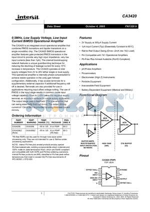 CA3420E datasheet - 0.5MHz, Low Supply Voltage, Low Input Current BiMOS Operational Amplifier