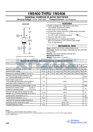 1N5400 datasheet - GENERAL PURPOSE PLASTIC RECTIFIER