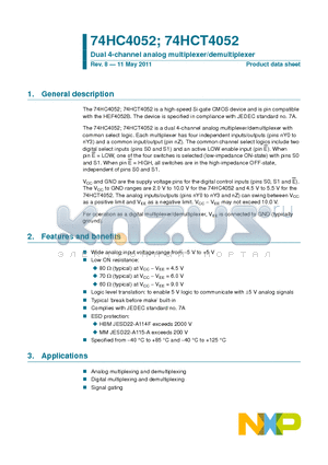 74HC4052D-T datasheet - Dual 4-channel analog multiplexer/demultiplexer