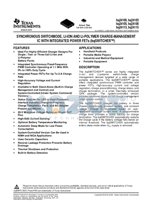 BQ24100RHLT datasheet - SYNCHRONOUS SWITCHMODE, LI-ION AND LI-POL CHARGE MANAGEMENT IC WITH INTEGRATED POWERFETS