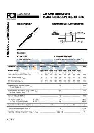 1N5400 datasheet - 3.0 Amp MINIATURE PLASTIC SILICON RECTIFIERS