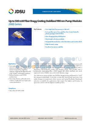 29-7402-460 datasheet - Up to 500 mW Fiber Bragg Grating Stabilized 980 nm Pump Modules