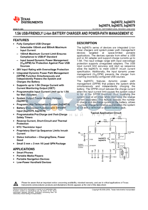 BQ24074RGTRG4 datasheet - 1.5A USB-FRIENDLY Li-Ion BATTERY CHARGER AND POWER-PATH MANAGEMENT IC