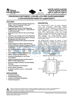 BQ24113 datasheet - SYNCHRONOUS SWITCHMODE, LI-ION AND LI-POLYMER CHARGE-MANAGEMENT IC WITH INTEGRATED POWER FETs (bqSWITCHER)